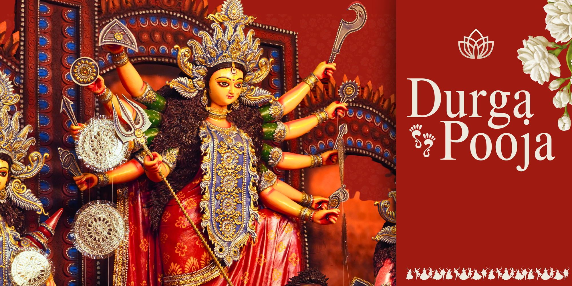 Decorative image of a神像 with 'Durga Pooja' text on a red background